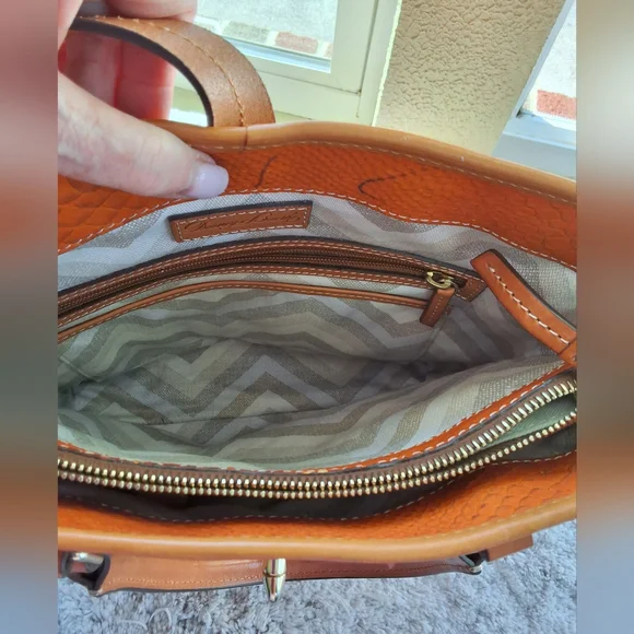Dooney & Bourke Ostrich Orange and Brown Tote with Structured Design - Picture 5 of 14
